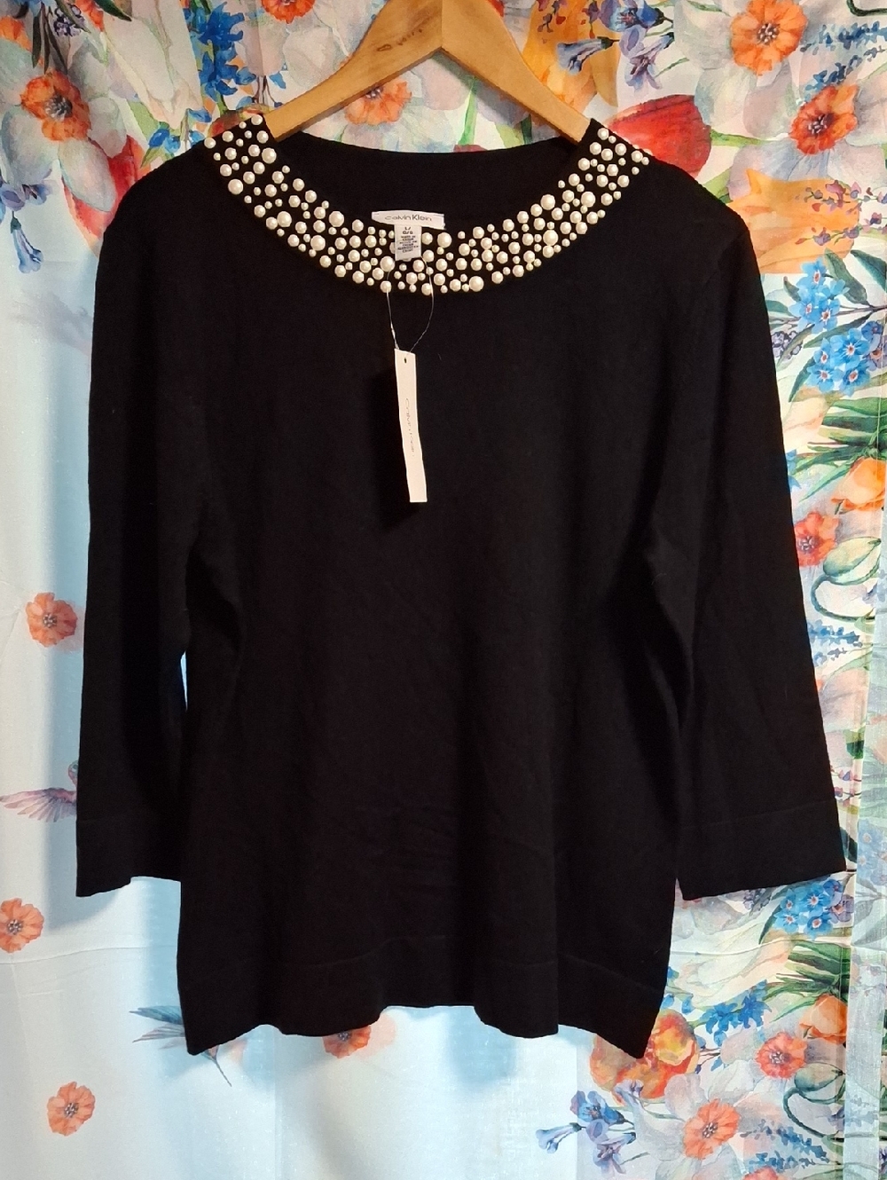 NewCalvin Klein Black Sweater with Pearl-Studded Neckline Size Large